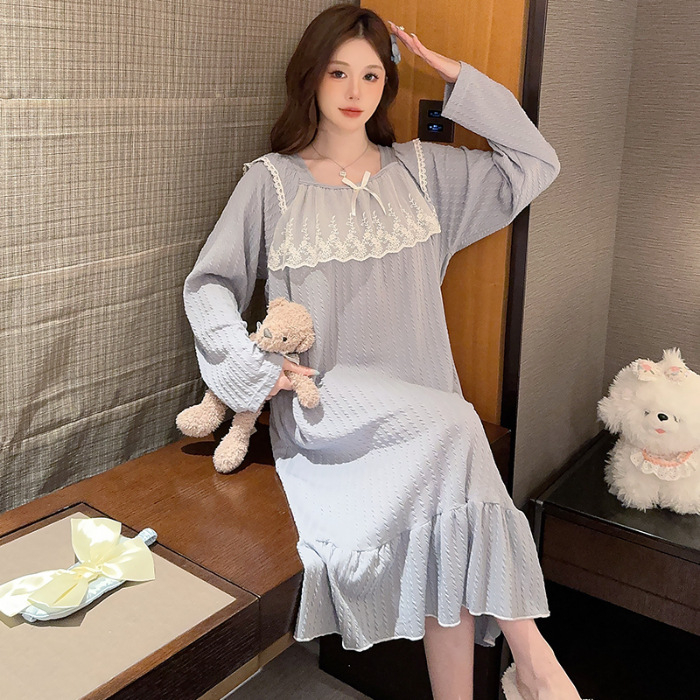 Rochie de noapte pentru femei, în stil prințesă, cu mâneci lungi, lungime medie, material din bumbac 6535, guler pătrat, pentru acasă, iarnă, primăvară și toamnă.