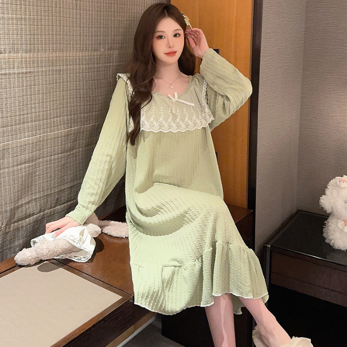 Rochie de noapte pentru femei, în stil prințesă, cu mâneci lungi, lungime medie, material din bumbac 6535, guler pătrat, pentru acasă, iarnă, primăvară și toamnă.