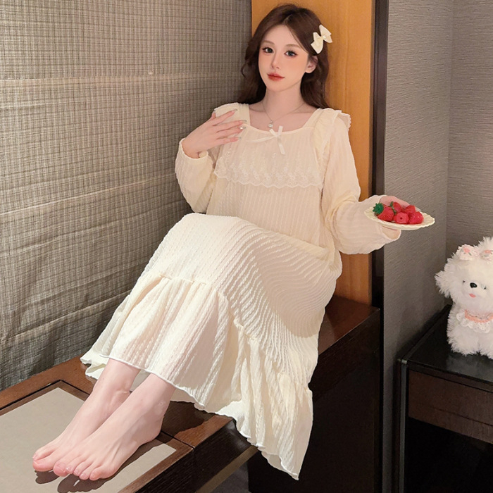 Rochie de noapte pentru femei, în stil prințesă, cu mâneci lungi, lungime medie, material din bumbac 6535, guler pătrat, pentru acasă, iarnă, primăvară și toamnă.