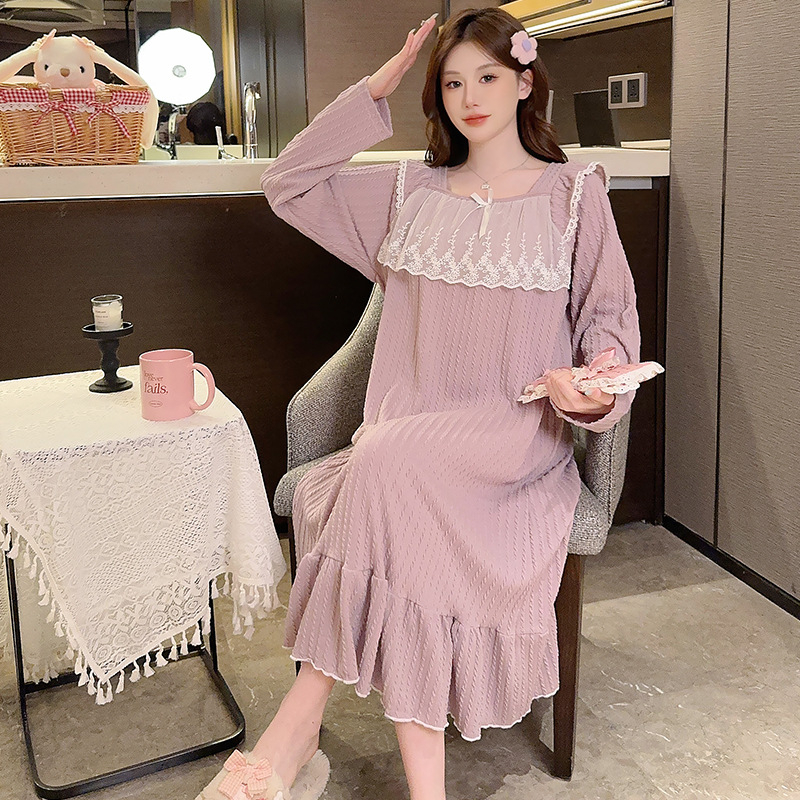 Rochie de noapte pentru femei, în stil prințesă, cu mâneci lungi, lungime medie, material din bumbac 6535, guler pătrat, pentru acasă, iarnă, primăvară și toamnă.