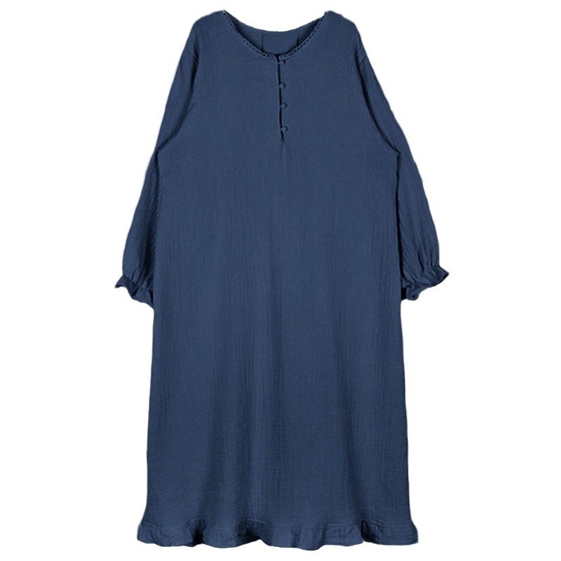 Μακρύ φόρεμα ύπνου από 100% βαμβάκι σε κρέπ ύφασμα, Κορεάτικης έμπνευσης στυλ cardigan, στρογγυλός λαιμός, μακριά μανίκια, 161–180 g/m2