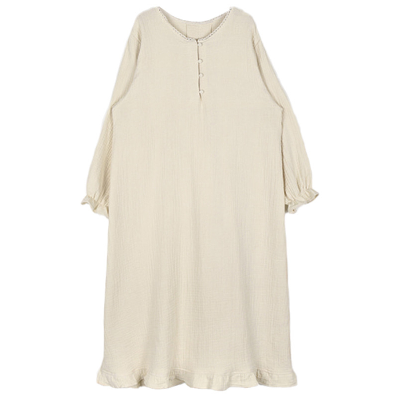 Μακρύ φόρεμα ύπνου από 100% βαμβάκι σε κρέπ ύφασμα, Κορεάτικης έμπνευσης στυλ cardigan, στρογγυλός λαιμός, μακριά μανίκια, 161–180 g/m2