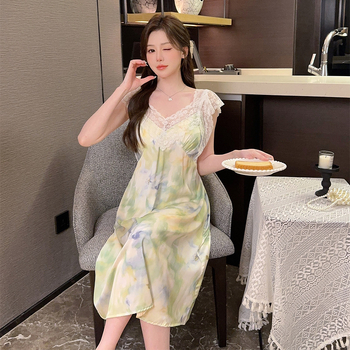 Νυχτικό για γυναίκες: Ice Silk + Lace Sling Sleepwear, χωρίς μανίκια, V-λαιμόκοψη, μήκος μίντι