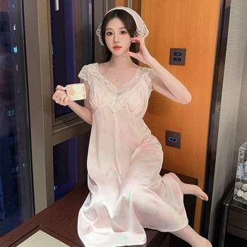 Νυχτικό για γυναίκες: Ice Silk + Lace Sling Sleepwear, χωρίς μανίκια, V-λαιμόκοψη, μήκος μίντι