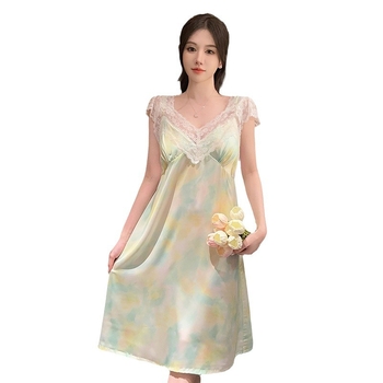 Νυχτικό για γυναίκες: Ice Silk + Lace Sling Sleepwear, χωρίς μανίκια, V-λαιμόκοψη, μήκος μίντι