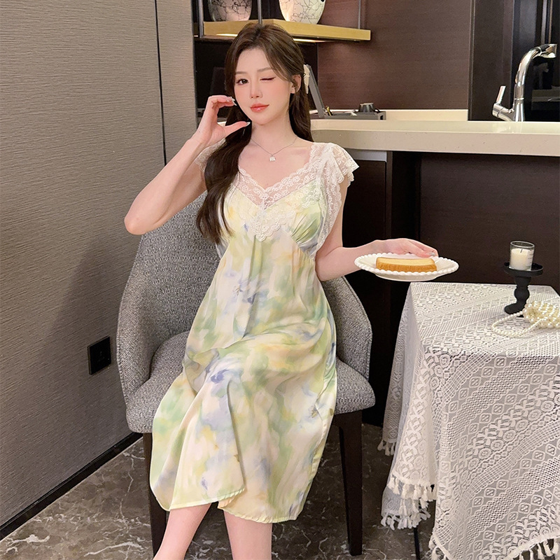 Νυχτικό για γυναίκες: Ice Silk + Lace Sling Sleepwear, χωρίς μανίκια, V-λαιμόκοψη, μήκος μίντι