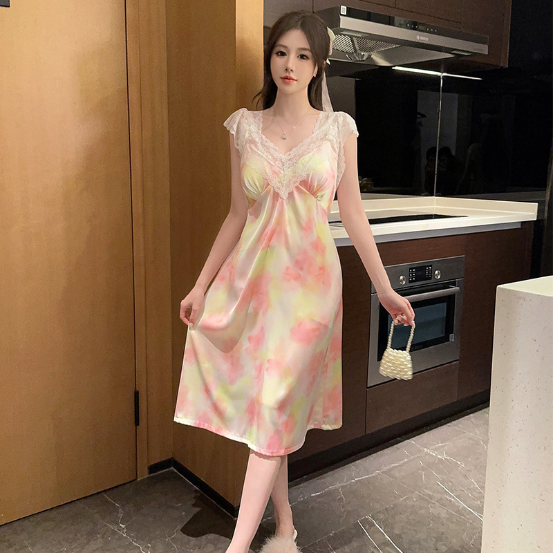 Νυχτικό για γυναίκες: Ice Silk + Lace Sling Sleepwear, χωρίς μανίκια, V-λαιμόκοψη, μήκος μίντι