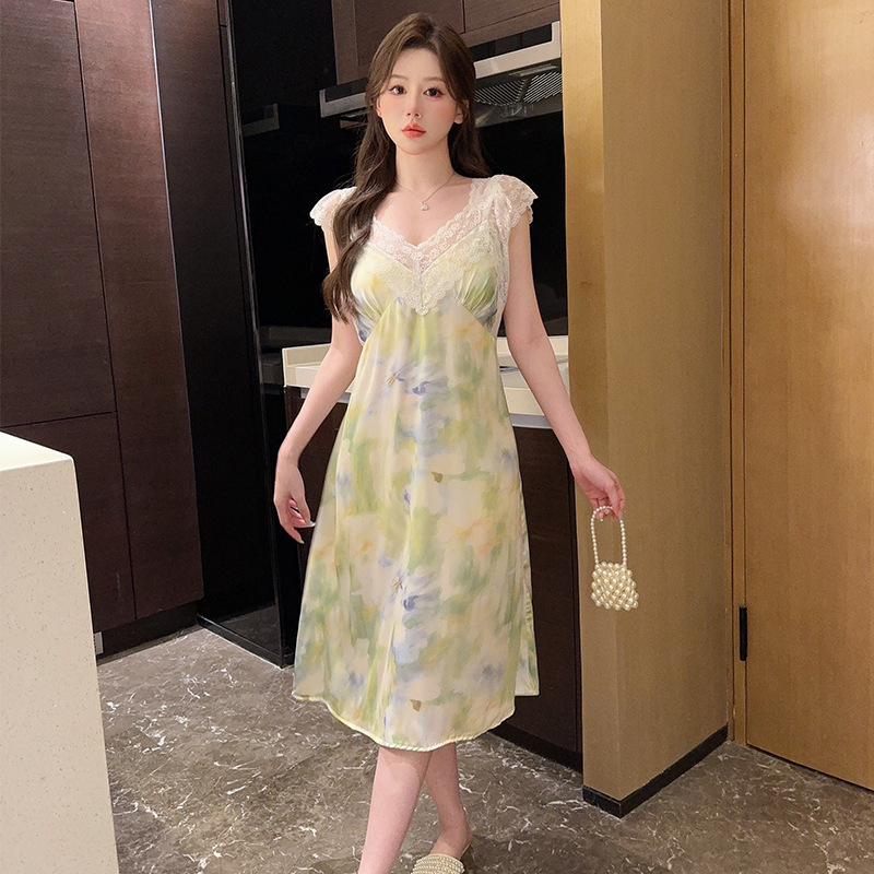 Νυχτικό για γυναίκες: Ice Silk + Lace Sling Sleepwear, χωρίς μανίκια, V-λαιμόκοψη, μήκος μίντι