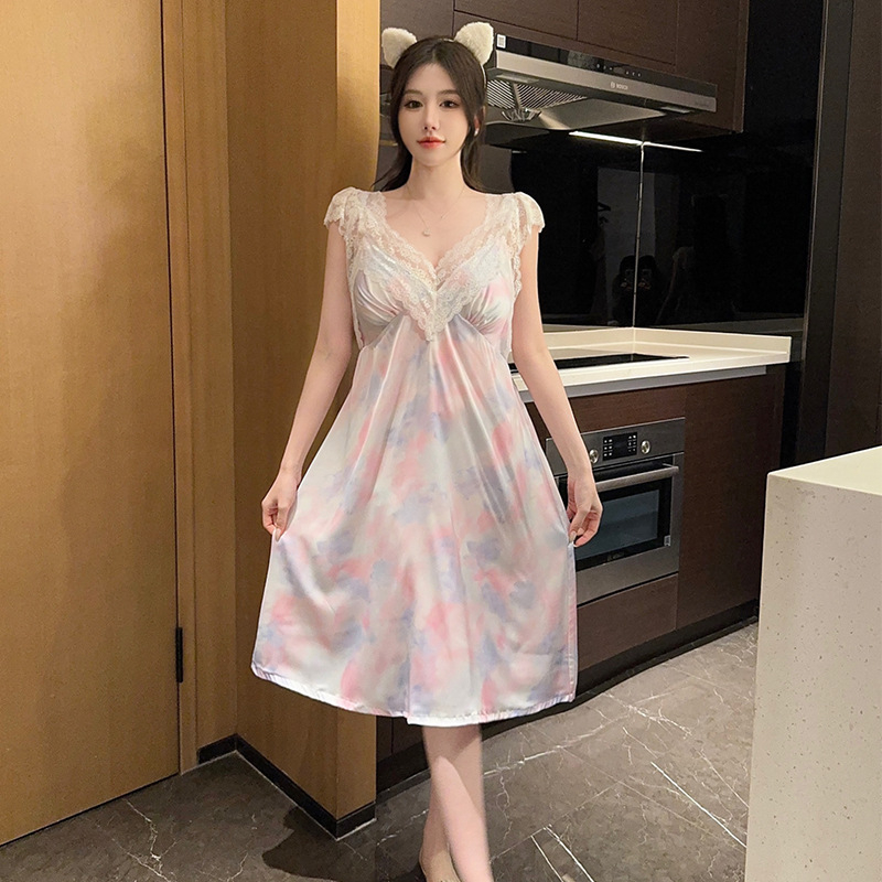 Νυχτικό για γυναίκες: Ice Silk + Lace Sling Sleepwear, χωρίς μανίκια, V-λαιμόκοψη, μήκος μίντι