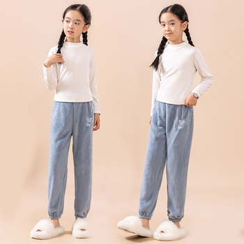 Детски панталони за спане с подплата от коралов кадифе, свободен силует и топли за есенно-зимния сезон, за деца 3–8 г, Cartoon модел, полиестер.