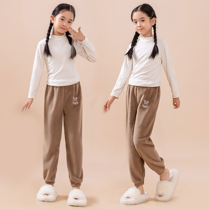 Детски панталони за спане с подплата от коралов кадифе, свободен силует и топли за есенно-зимния сезон, за деца 3–8 г, Cartoon модел, полиестер.