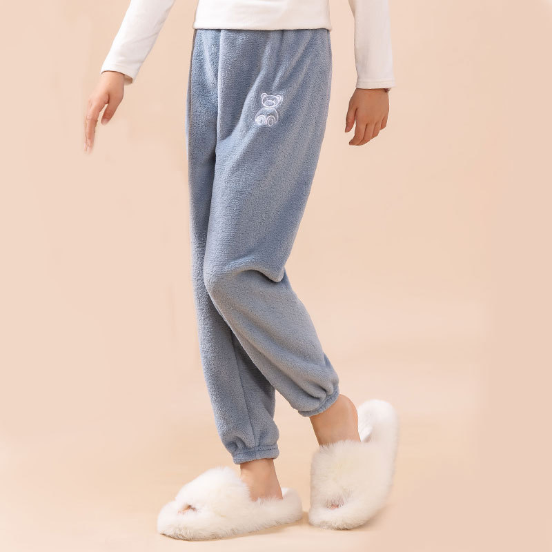 Детски панталони за спане с подплата от коралов кадифе, свободен силует и топли за есенно-зимния сезон, за деца 3–8 г, Cartoon модел, полиестер.