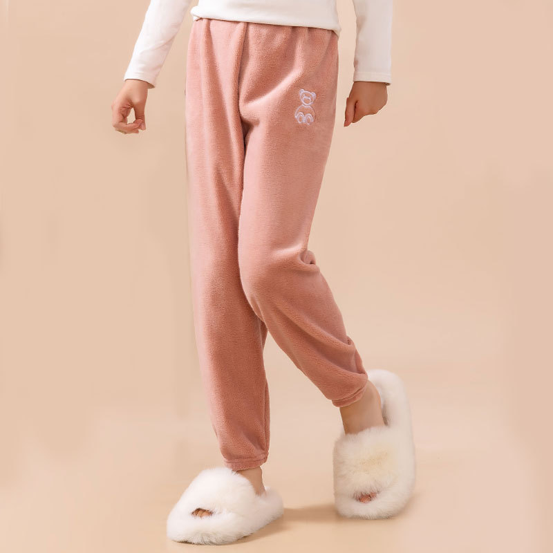 Детски панталони за спане с подплата от коралов кадифе, свободен силует и топли за есенно-зимния сезон, за деца 3–8 г, Cartoon модел, полиестер.