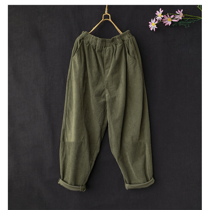 Γυναικείες παντελόνες από βαμβάκι Corduroy, casual haremi στυλ, ελαστική μέση, φαρδιά γραμμή, φθινοπωρο 2025