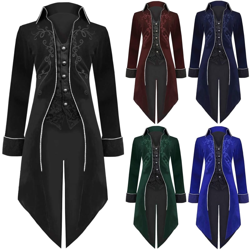 Vyriškas retro paltas su punk stiliaus ir viduramtiškais įtaka, vintage stilius (Pagrindinė medžiaga: Spandex; Audinio pavadinimas: Soft nini; Stilius: Vintage; Stiliaus detalės: aukštos temperatūros klostavimas; Gamyba: aukštos temperatūros formavimas)