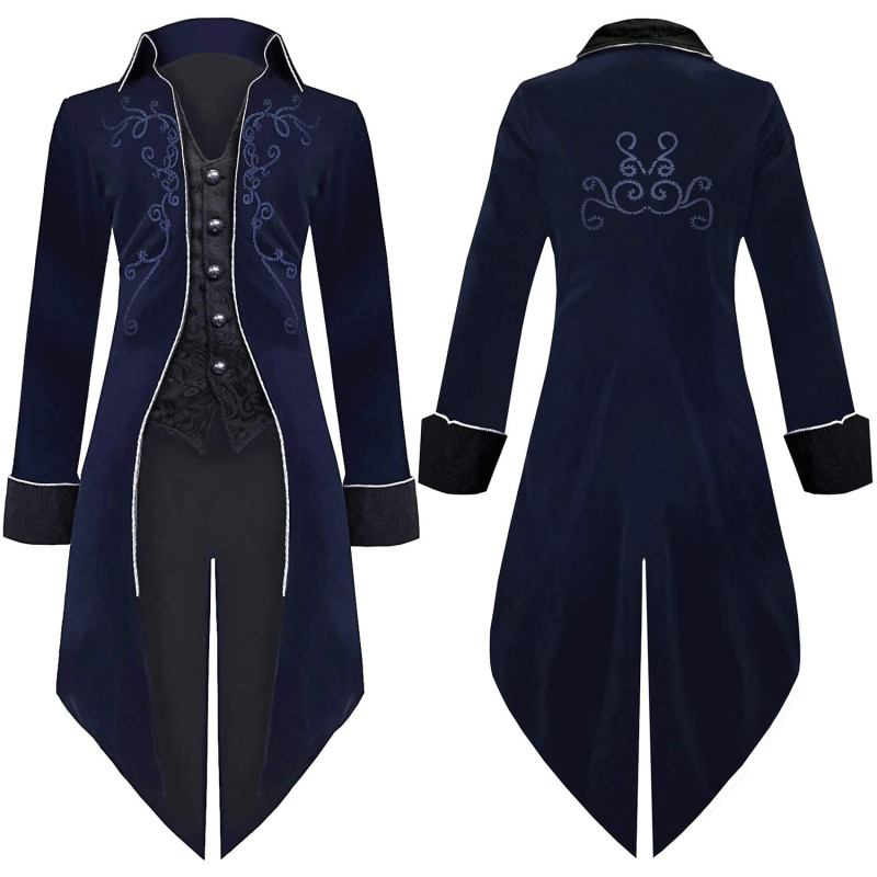 Vyriškas retro paltas su punk stiliaus ir viduramtiškais įtaka, vintage stilius (Pagrindinė medžiaga: Spandex; Audinio pavadinimas: Soft nini; Stilius: Vintage; Stiliaus detalės: aukštos temperatūros klostavimas; Gamyba: aukštos temperatūros formavimas)