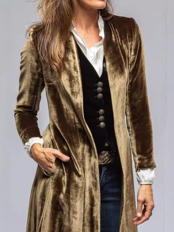 Koreai velúr hosszú kardigán, reveres gallér, bő szabás, hosszú fazon, panelvarrás