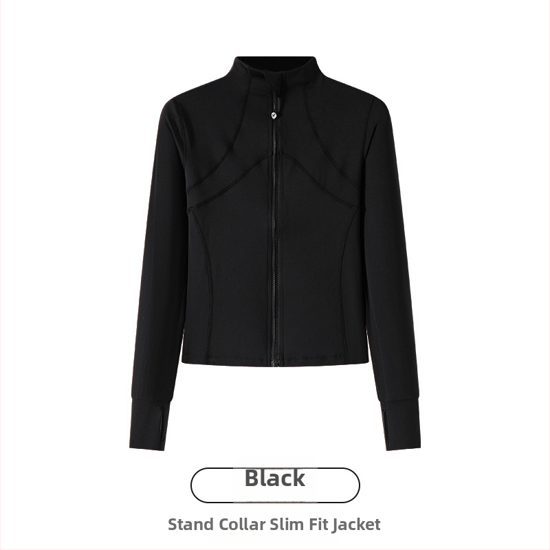 Moteriškas sportinis švarkas iš nailono ir spandekso, siauras siluetas, stovimas apykaklė su užtrauktuku, ilgomis rankovėmis, ilgis 50–65 cm