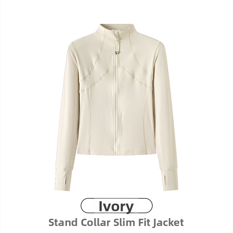 Moteriškas sportinis švarkas iš nailono ir spandekso, siauras siluetas, stovimas apykaklė su užtrauktuku, ilgomis rankovėmis, ilgis 50–65 cm