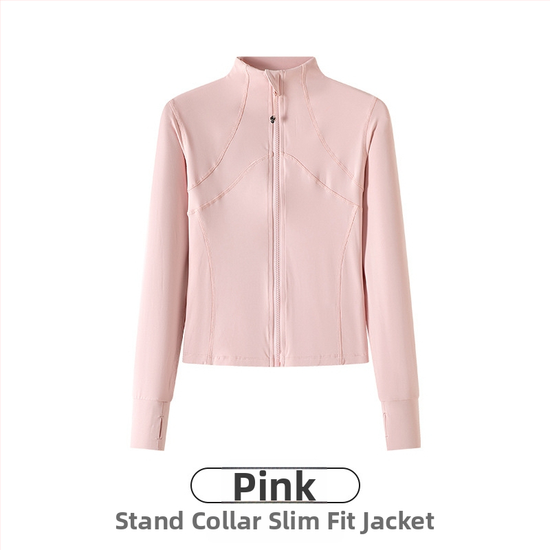 Moteriškas sportinis švarkas iš nailono ir spandekso, siauras siluetas, stovimas apykaklė su užtrauktuku, ilgomis rankovėmis, ilgis 50–65 cm