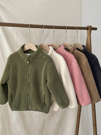 Geacă de iarnă pentru copii, căptușeală din fleece, stil coreean, închidere cu fermoar, lungime scurtă, material poliester