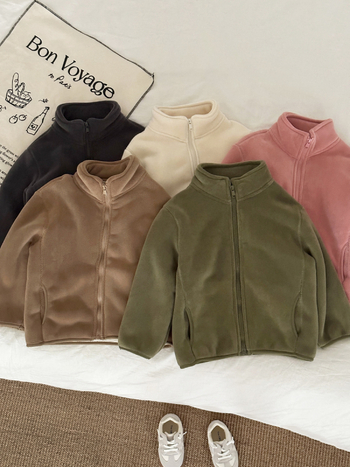 Geacă de iarnă pentru copii, căptușeală din fleece, stil coreean, închidere cu fermoar, lungime scurtă, material poliester