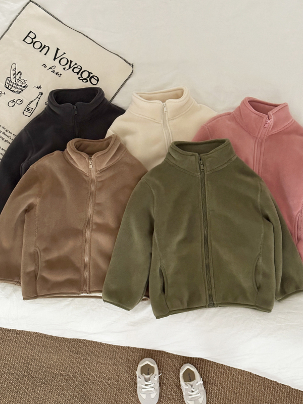 Geacă de iarnă pentru copii, căptușeală din fleece, stil coreean, închidere cu fermoar, lungime scurtă, material poliester