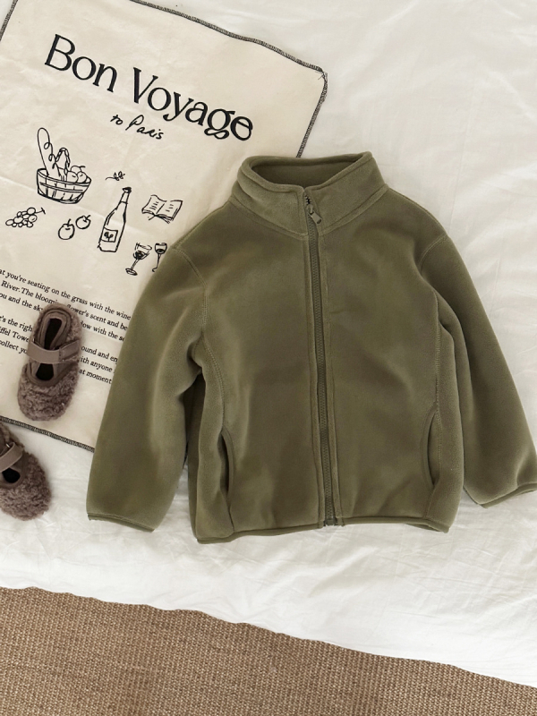 Geacă de iarnă pentru copii, căptușeală din fleece, stil coreean, închidere cu fermoar, lungime scurtă, material poliester