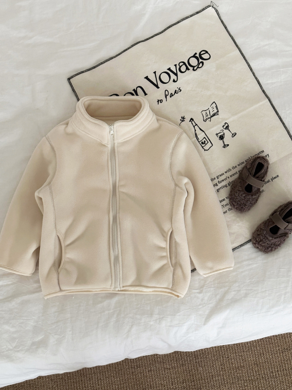 Geacă de iarnă pentru copii, căptușeală din fleece, stil coreean, închidere cu fermoar, lungime scurtă, material poliester