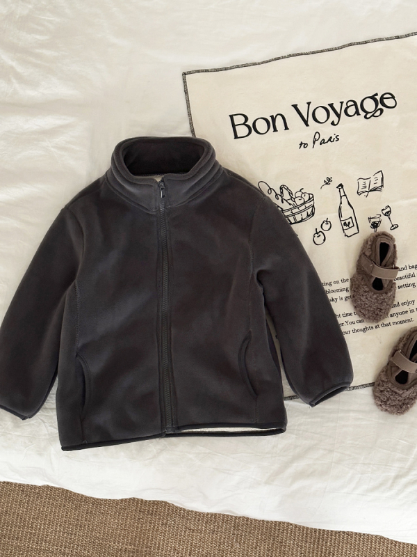 Geacă de iarnă pentru copii, căptușeală din fleece, stil coreean, închidere cu fermoar, lungime scurtă, material poliester