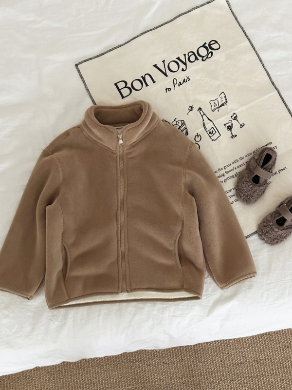 Geacă de iarnă pentru copii, căptușeală din fleece, stil coreean, închidere cu fermoar, lungime scurtă, material poliester