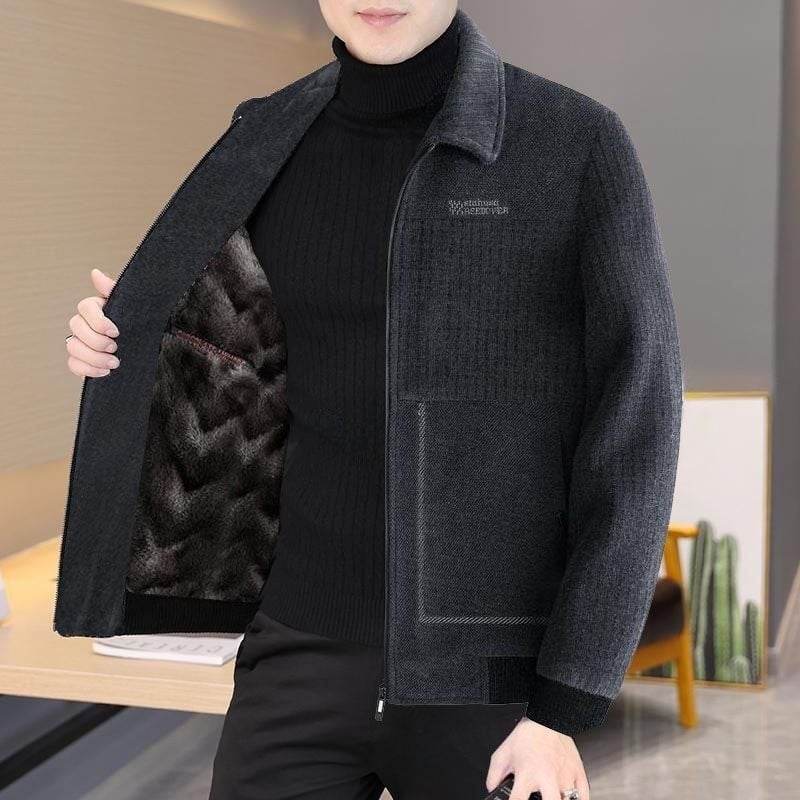 Ανδρικό χειμερινό μπουφάν από μαλλί με επένδυση φλίς, χοντρό, με γιακά τύπου πέτο και κουκούλα