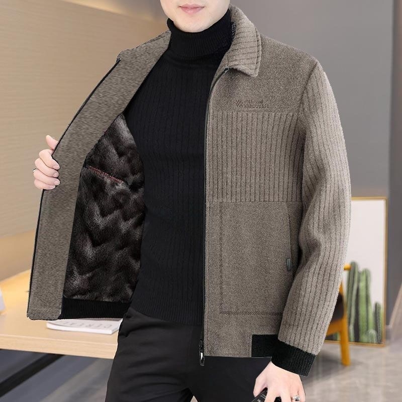 Ανδρικό χειμερινό μπουφάν από μαλλί με επένδυση φλίς, χοντρό, με γιακά τύπου πέτο και κουκούλα