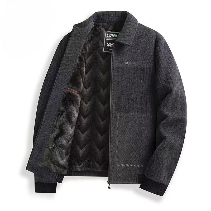 Ανδρικό χειμερινό μπουφάν από μαλλί με επένδυση φλίς, χοντρό, με γιακά τύπου πέτο και κουκούλα