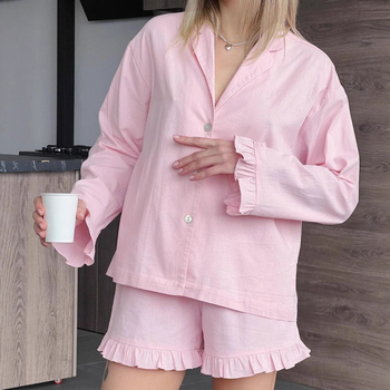 Set pijama din bumbac 100% — Bluza cu mâneci lungi și pantaloni scurți, margine cu volane, respirabil