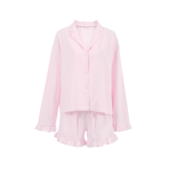 Set pijama din bumbac 100% — Bluza cu mâneci lungi și pantaloni scurți, margine cu volane, respirabil