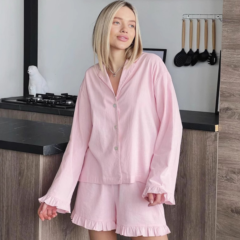 Set pijama din bumbac 100% — Bluza cu mâneci lungi și pantaloni scurți, margine cu volane, respirabil