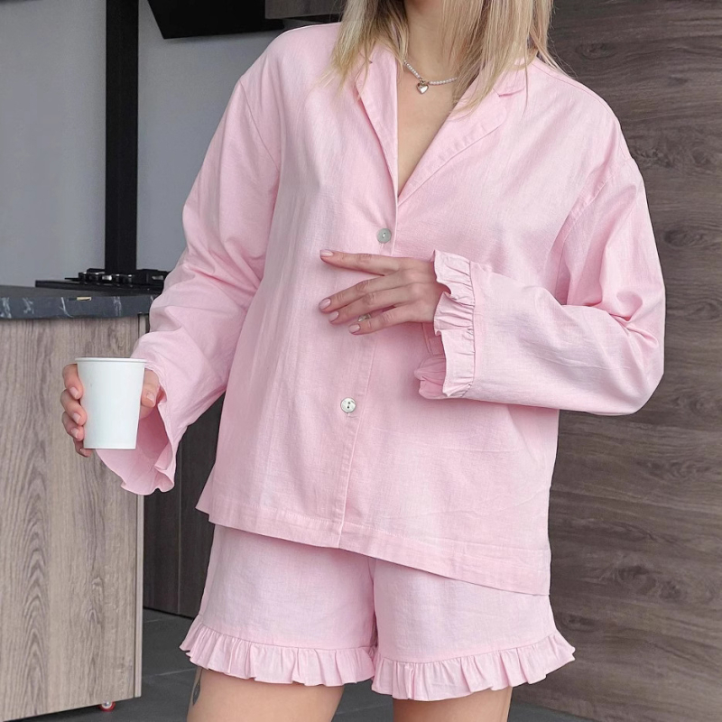 Set pijama din bumbac 100% — Bluza cu mâneci lungi și pantaloni scurți, margine cu volane, respirabil