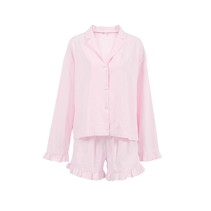 Set pijama din bumbac 100% — Bluza cu mâneci lungi și pantaloni scurți, margine cu volane, respirabil