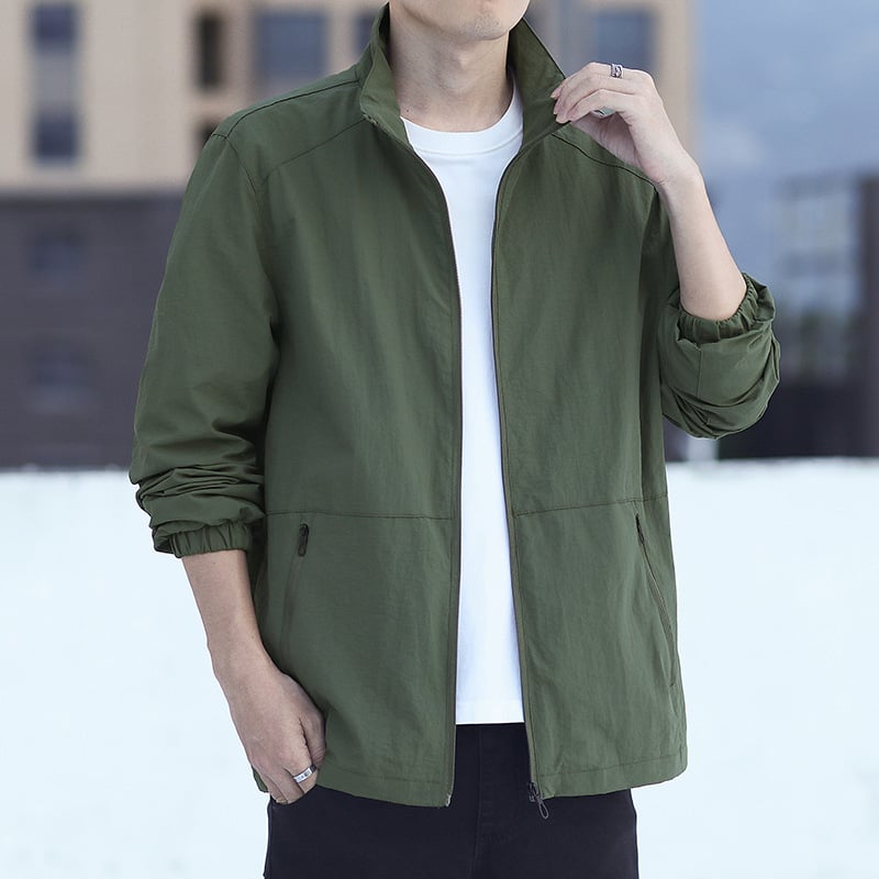 Мъжко яке в корейски стил, тънко, стояща яка, еднобортно закопчаване, за есен