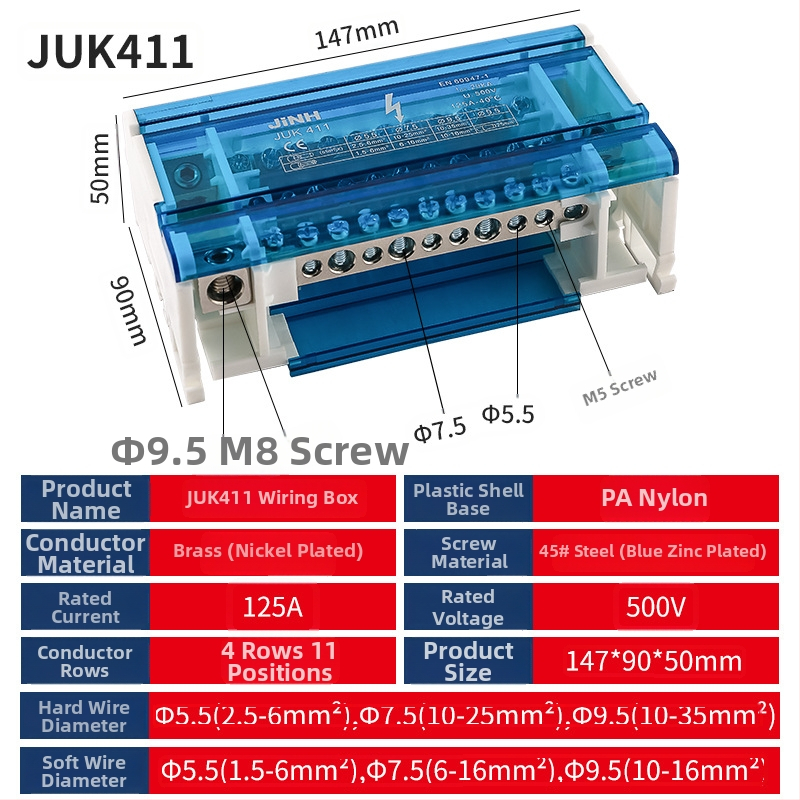 Jinghong/JINH augstas strāvas sliedes savienojuma kastīte – misiņš, viens ievads – vairāki izejas, daudzpakāpju un vienpakāpju versijas, modeļi 207, 407, 411, 415, 412, elektroapgādei un izplatīšanai