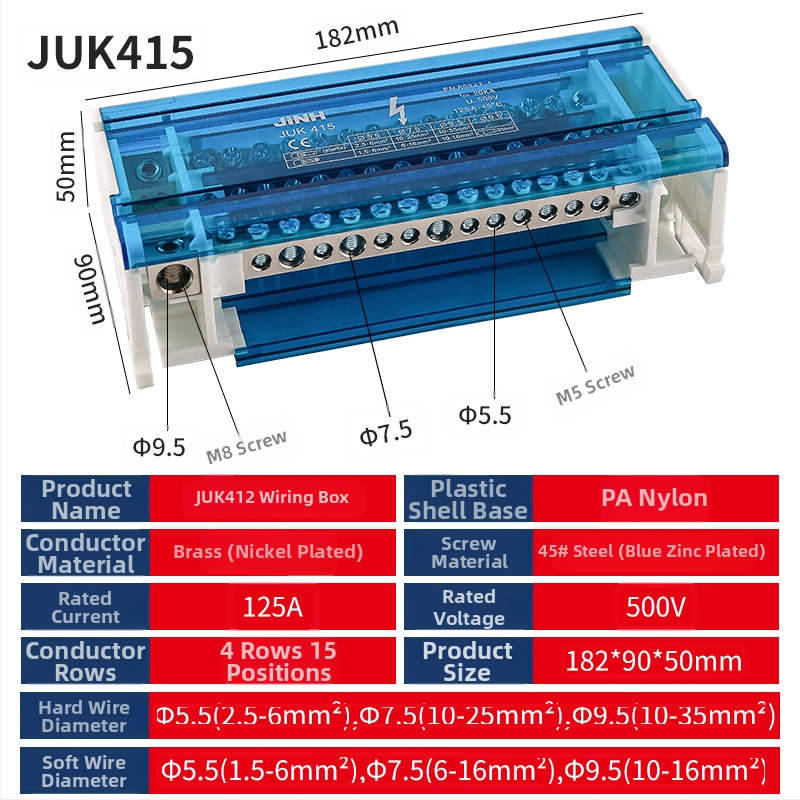 Jinghong/JINH augstas strāvas sliedes savienojuma kastīte – misiņš, viens ievads – vairāki izejas, daudzpakāpju un vienpakāpju versijas, modeļi 207, 407, 411, 415, 412, elektroapgādei un izplatīšanai