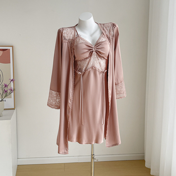 Kétszemélyes éjszakai szett jégselyemből: V-nyakú hosszú ujjú felső és rövid szoknya, tavasz-ősz viselet