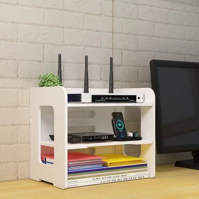 4-slojna stolna polica za Wi-Fi router i kabele, ploča od drvo-plastike, prašinu otporna, može se ukloniti, bez bušenja, pogodna za stolnu površinu, spavaću sobu i dnevnu sobu