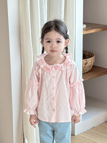 Gyerekeknek szóló jacquard ing virágos díszítéssel - koreai stílus, reveres gallér, 95% pamut