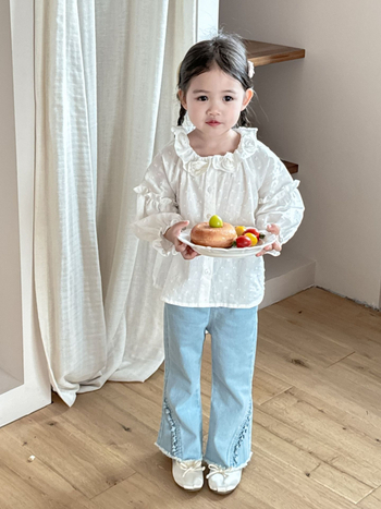 Gyerekeknek szóló jacquard ing virágos díszítéssel - koreai stílus, reveres gallér, 95% pamut