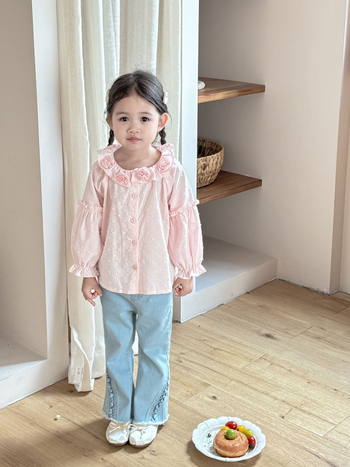 Gyerekeknek szóló jacquard ing virágos díszítéssel - koreai stílus, reveres gallér, 95% pamut