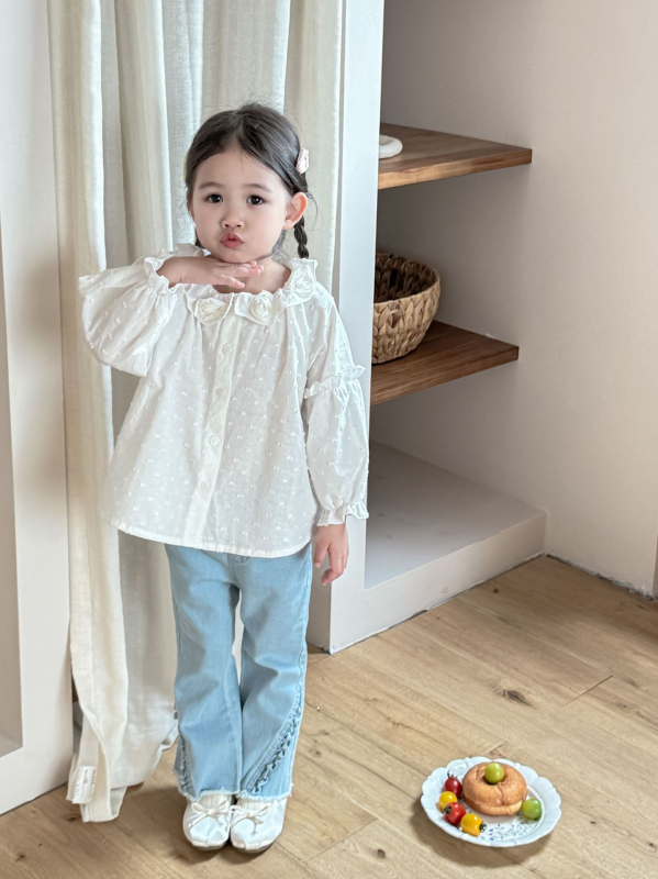 Gyerekeknek szóló jacquard ing virágos díszítéssel - koreai stílus, reveres gallér, 95% pamut