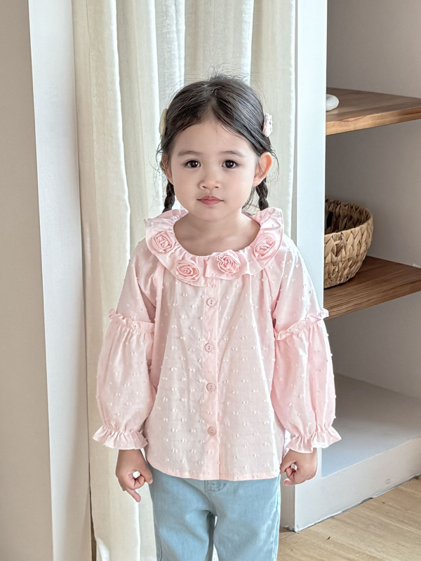 Gyerekeknek szóló jacquard ing virágos díszítéssel - koreai stílus, reveres gallér, 95% pamut