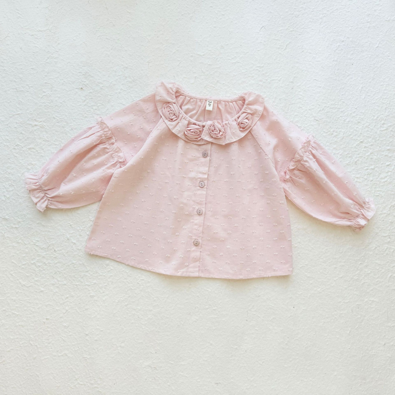 Gyerekeknek szóló jacquard ing virágos díszítéssel - koreai stílus, reveres gallér, 95% pamut